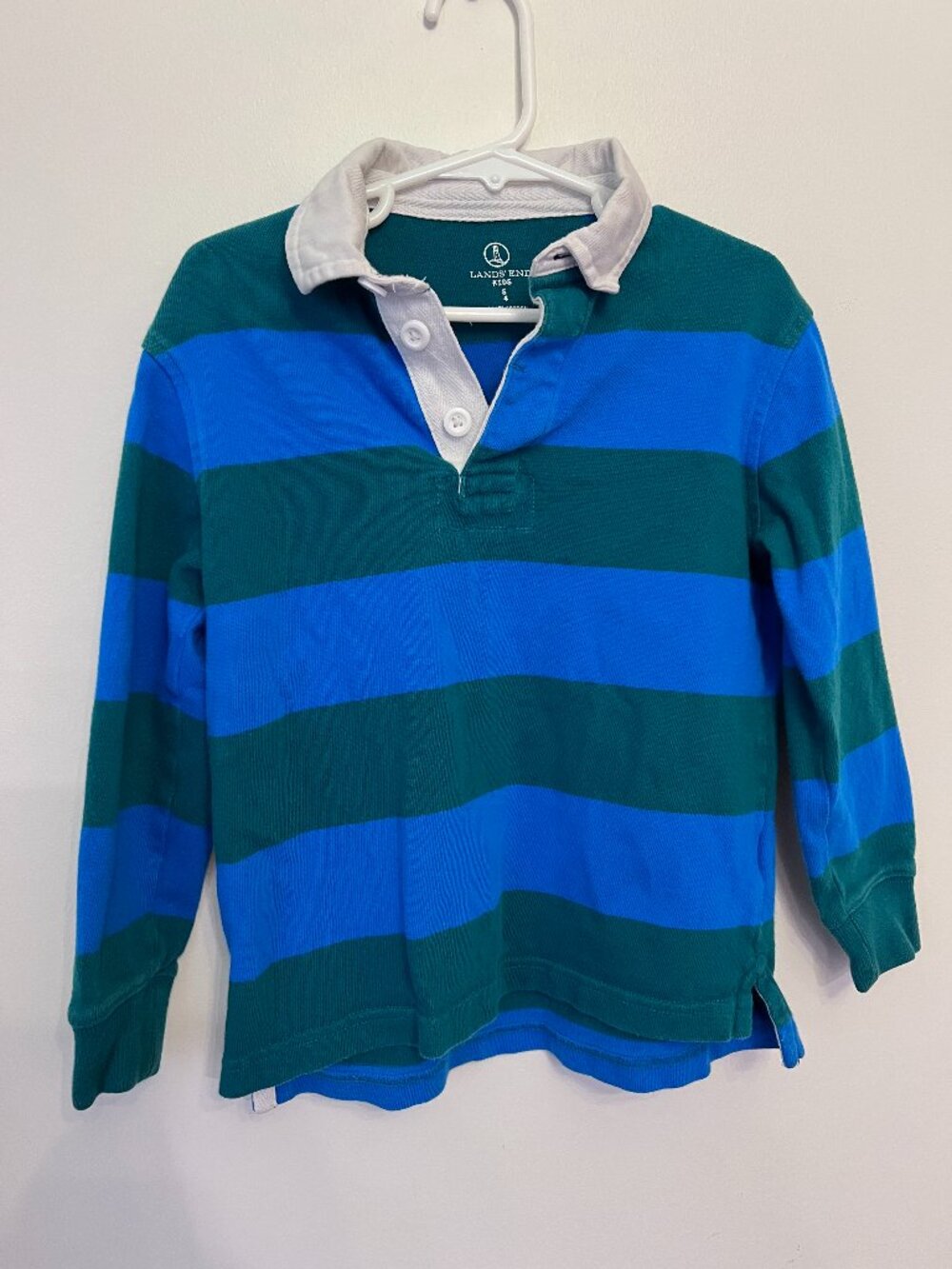 Lands' End Kids Striped Long Sleeve Rugby Polo Shirt Size S (4) Blue Green